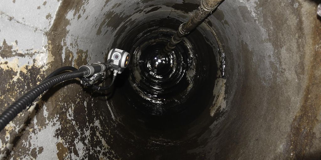 Detailed photograph of sewer camera inspecting dark underground concrete pipes.