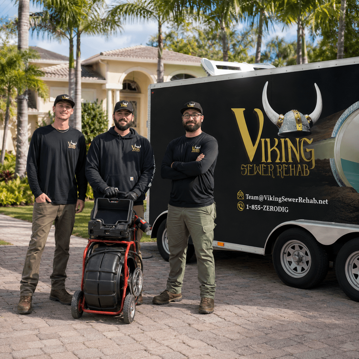 Viking Sewer Rehab team standing in front of service trailer